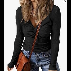 Sexy Fitted V neck Long Sleeve Black Top